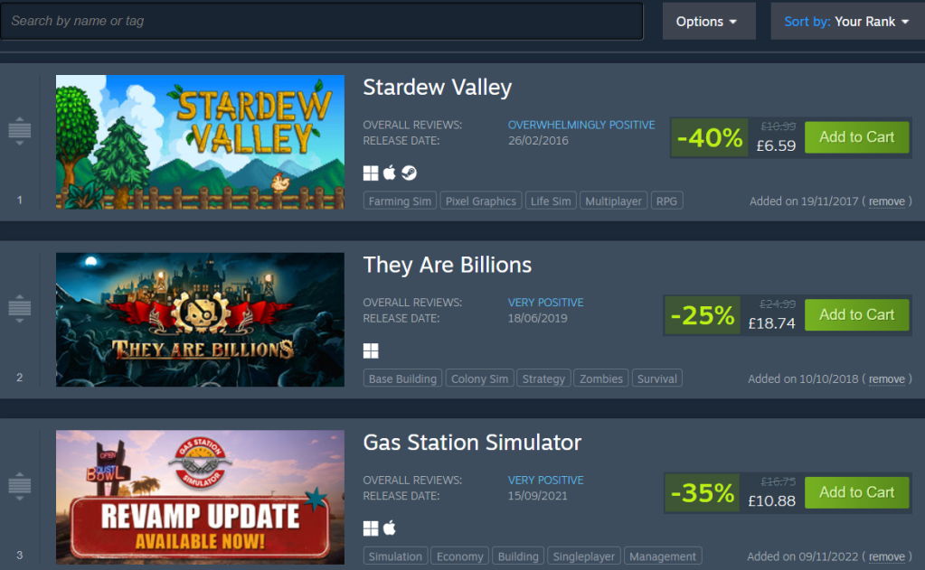 Wishlisted games on offer including Stardew Valley, They Are Billions and Gas Station Simulator.